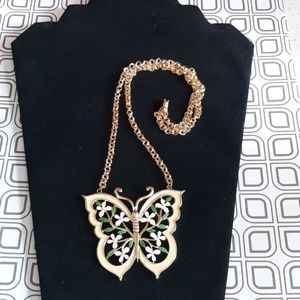 Vintage Yellow Enamel Butterfly Pendant Necklace